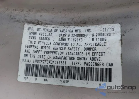 2013 Honda Accord Lx z USA, uszkodzony, nr VIN 1HGCR2F3XDA099881